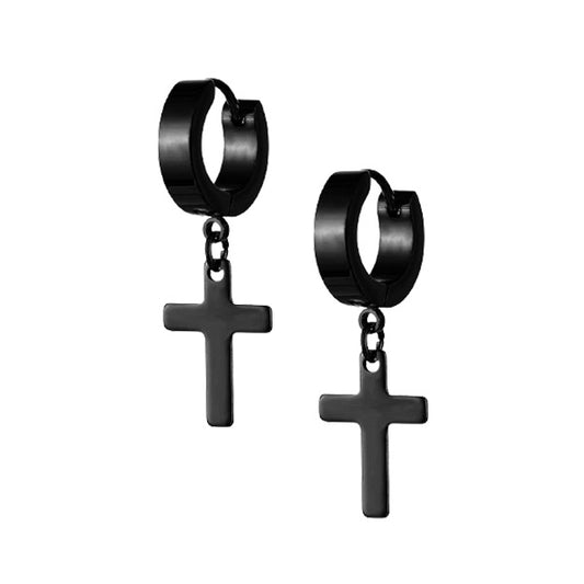 Cross Black Stainless Steel Huggie Hoop Earrings
