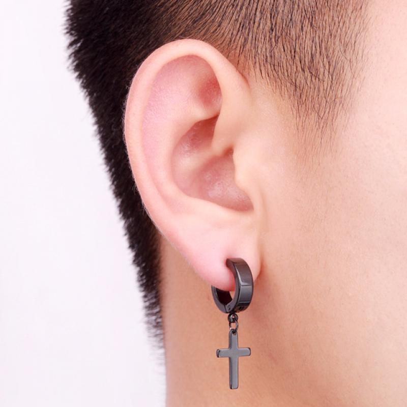 Cross Black Stainless Steel Huggie Hoop Earrings