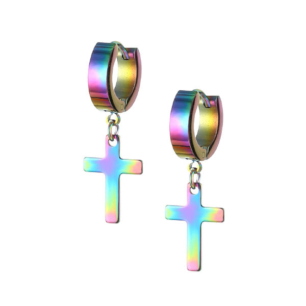 Cross Rainbow Stainless Steel Huggie Hoop Earrings