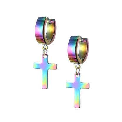 Cross Rainbow Stainless Steel Huggie Hoop Earrings