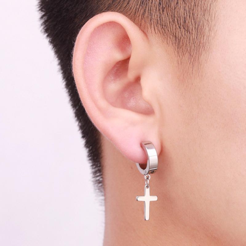 Cross Silver Stainless Steel Huggie Hoop Earrings