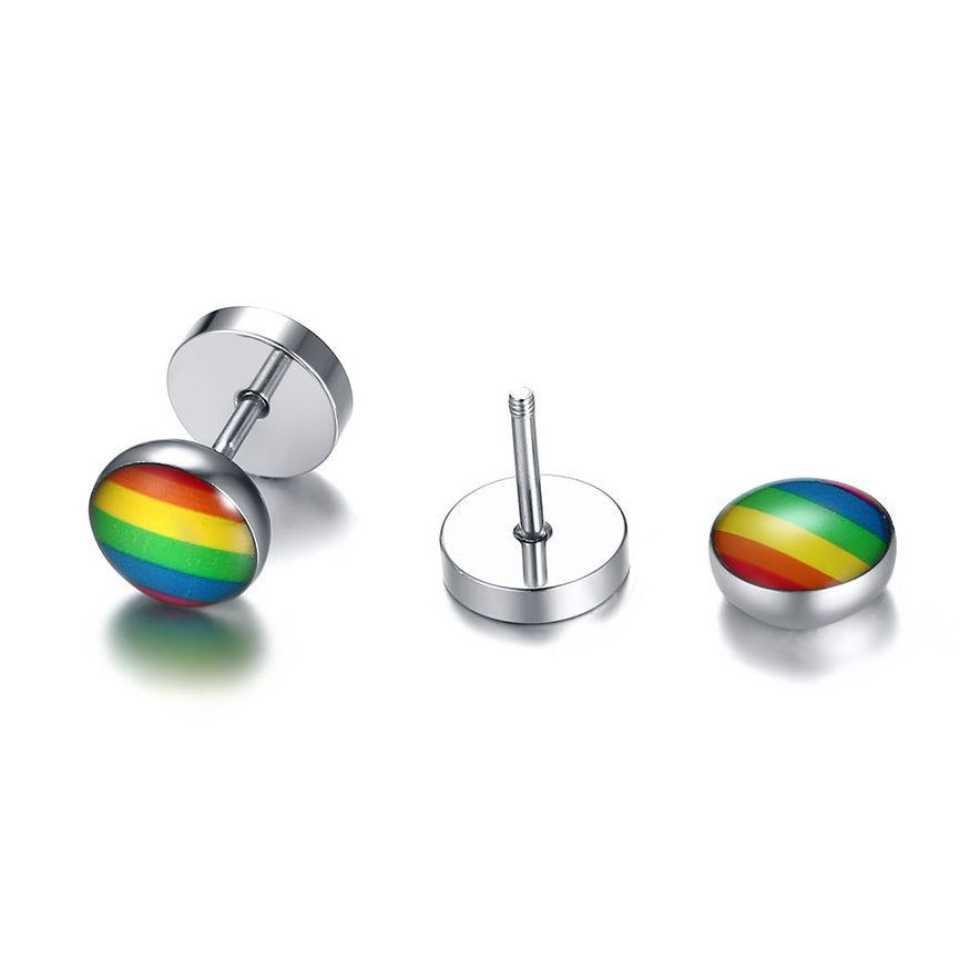 LGBTQ+ Pride Rainbow Silver Stainless Steel Fake Ear Plugs