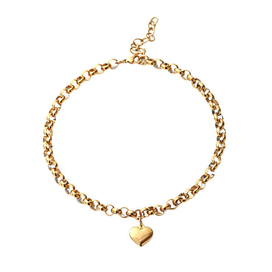 Rolo Chain With Heart Golden Stainless Steel Anklet