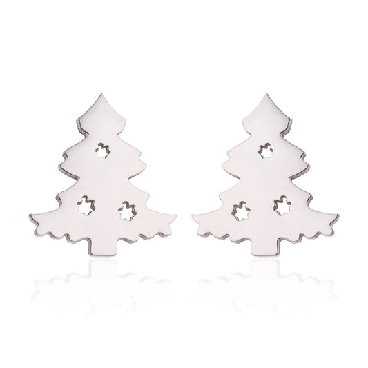 Christmas Tree Silver Stainless Steel Stud Earrings