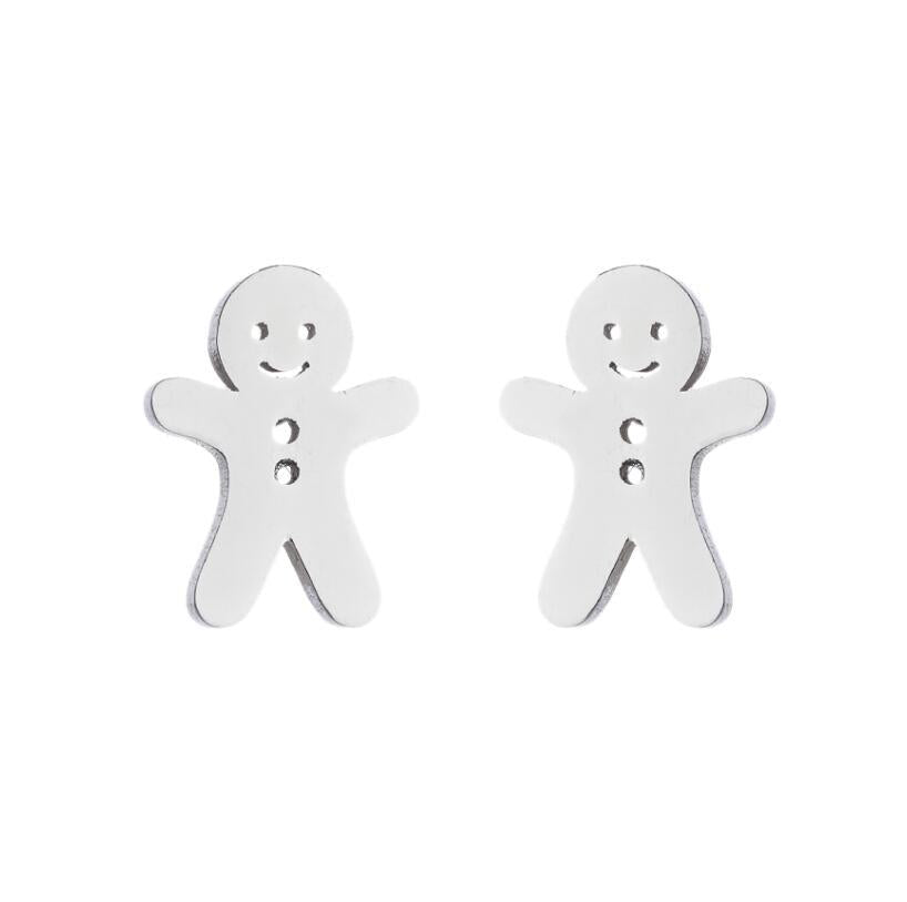 Gingerbread Man Silver Stainless Steel Stud Earrings