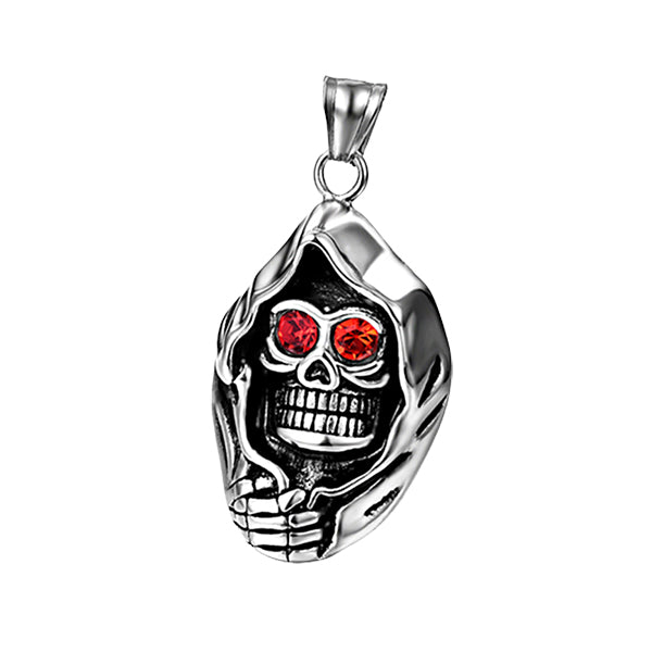 Skeleton Face Hood Red CZ Silver Stainless Steel Box Chain Necklace