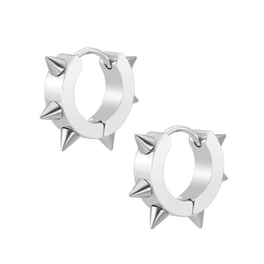 Spike Silver Stainless Steel Huggie Hoop Earrings