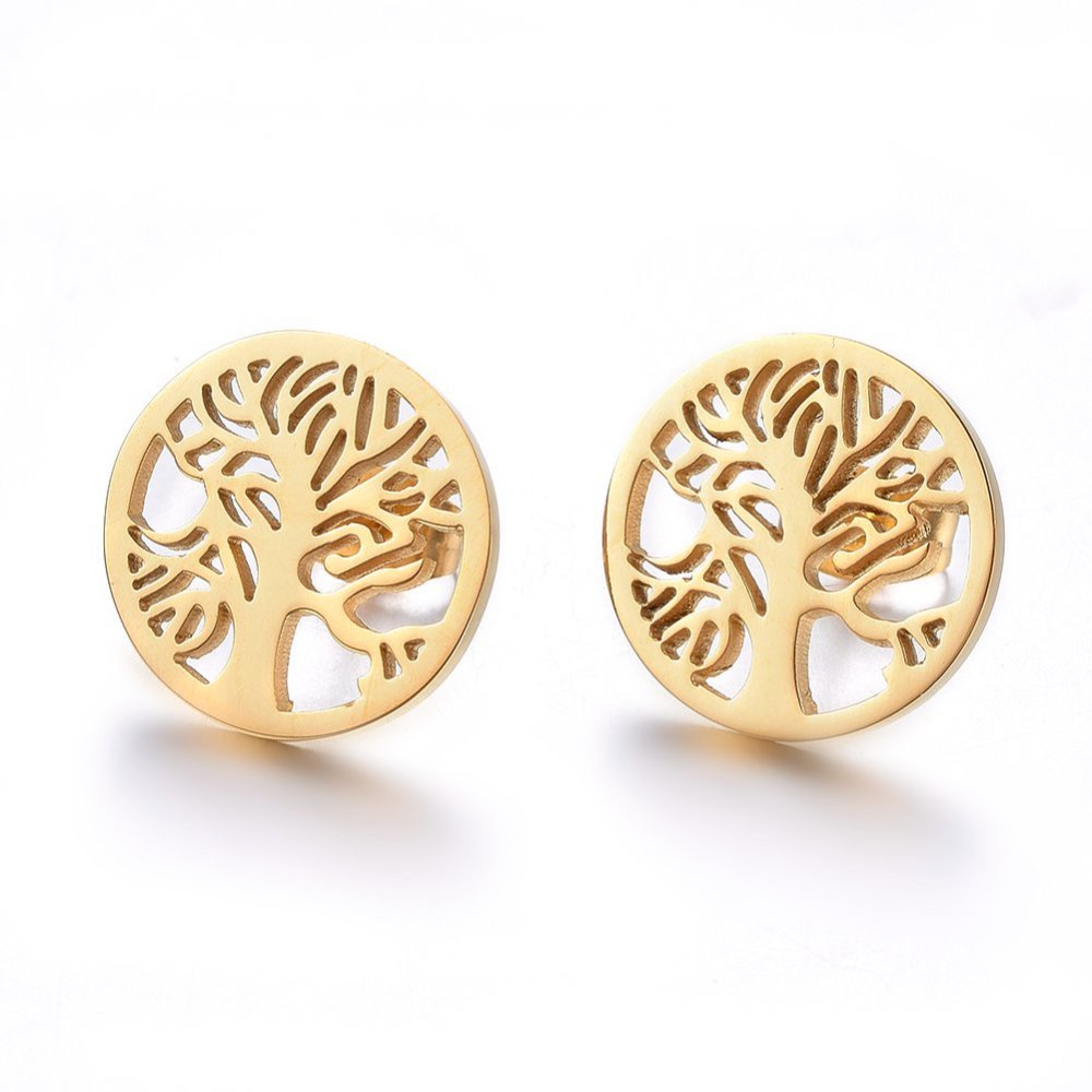 Tree Of Life Golden Stainless Steel Stud Earrings