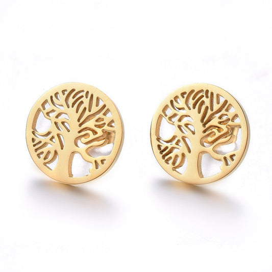 Tree Of Life Golden Stainless Steel Stud Earrings