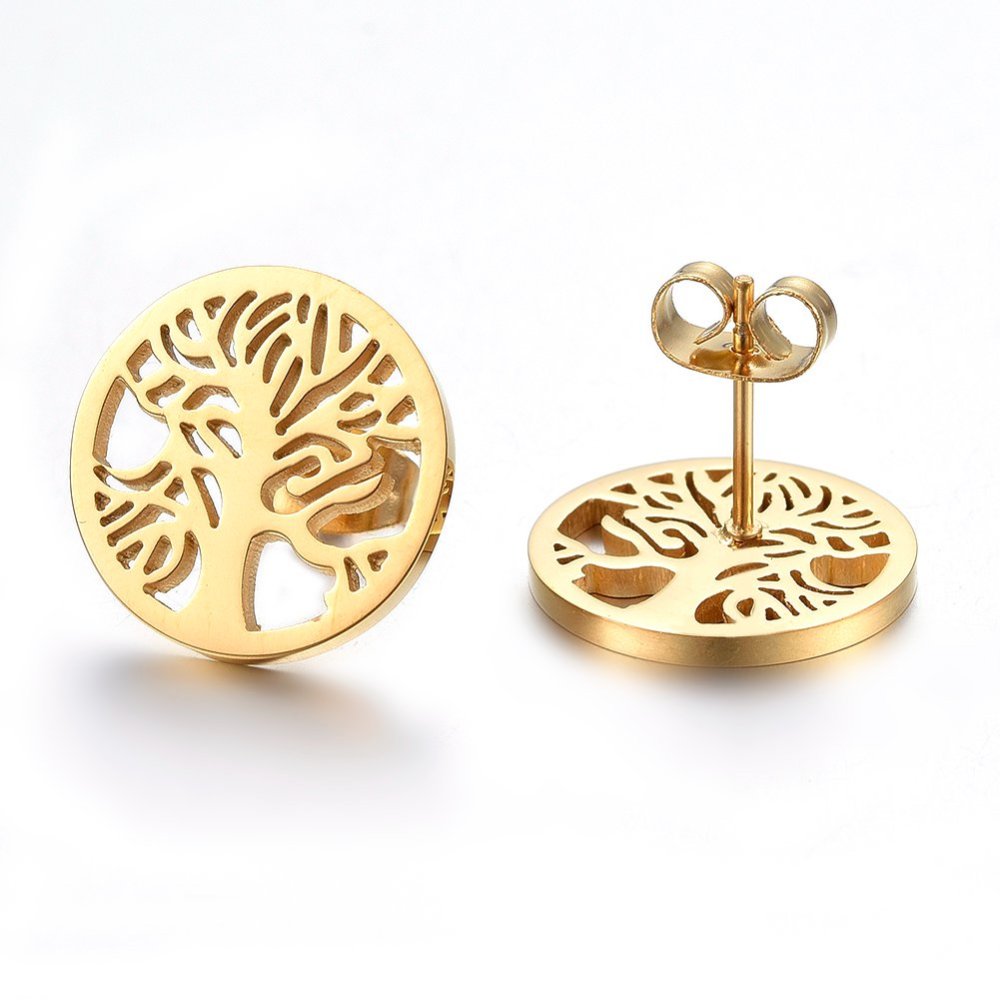 Tree Of Life Golden Stainless Steel Stud Earrings
