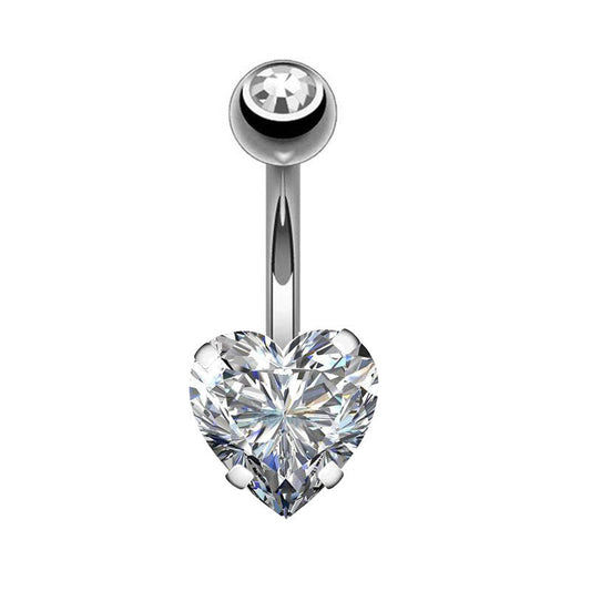 Heart Clear CZ Silver Stainless Steel Belly Bar