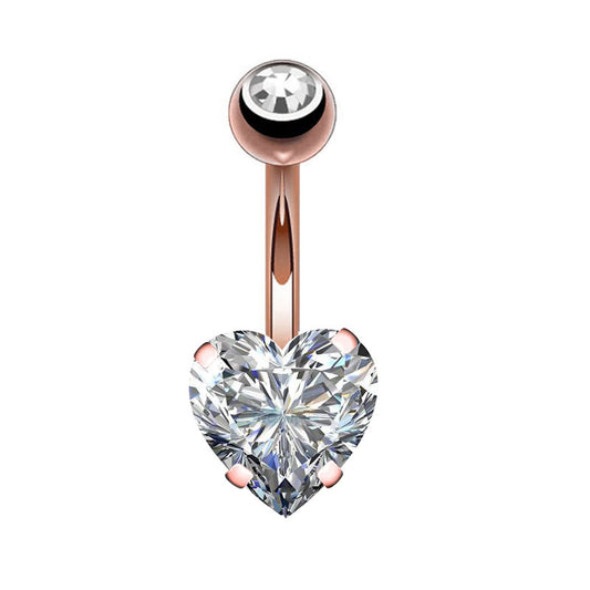 Heart Clear CZ Rose Gold Stainless Steel Belly Bar