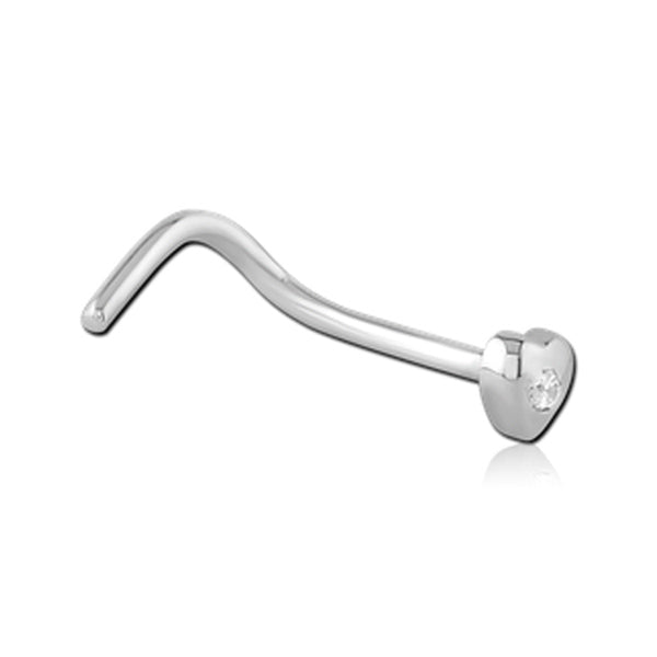 Heart Clear CZ Silver Stainless Steel Curved Screw Nose Stud
