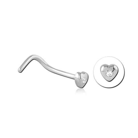 Heart Clear CZ Silver Stainless Steel Curved Screw Nose Stud 0.8mm/20g