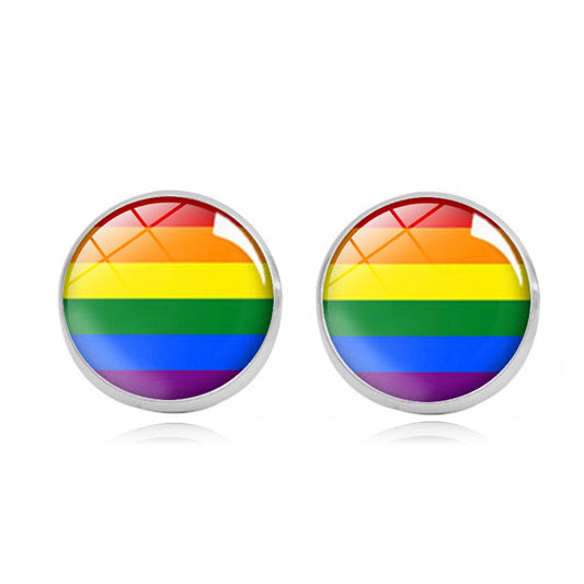 LGBTQ+ Pride Rainbow Round Silver Stainless Steel Stud Earrings