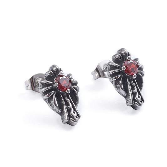 Cross Red CZ Silver Stainless Steel Stud Earrings