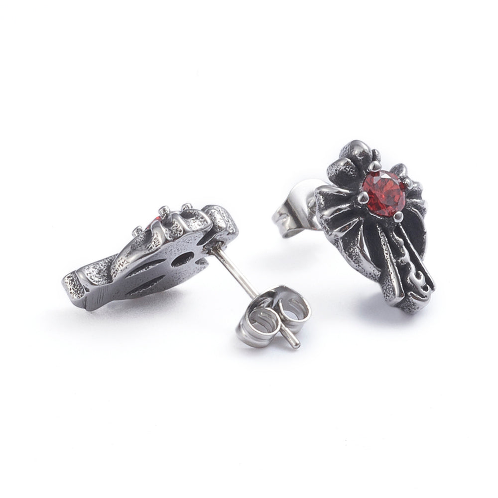 Cross Red CZ Silver Stainless Steel Stud Earrings