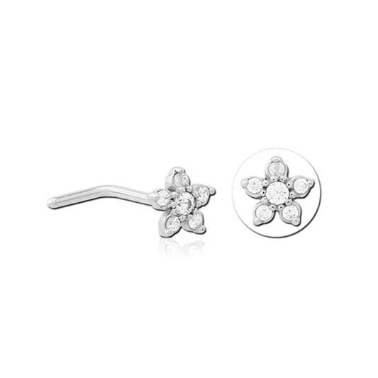 Flower Clear CZ Silver Stainless Steel L Bend Nose Stud