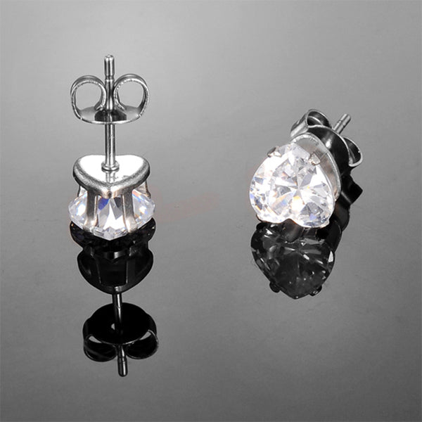 Heart Clear CZ Silver Stainless Steel Stud Earrings 4|6|8mm