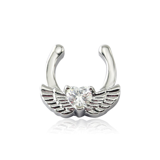 Wings Heart Clear CZ Silver Stainless Steel Fake Septum Nose Ring