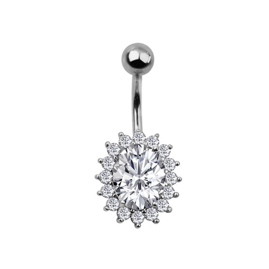 Oval Clear CZ Silver Stainless Steel Belly Bar
