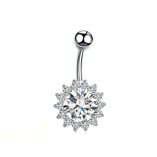 Flower Clear CZ Silver Stainless Steel Belly Bar