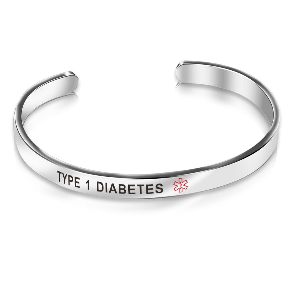 Stainless Steel Silver Type 1 Diabetes Medical Alert Bangle