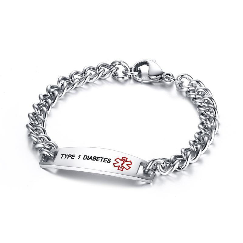 Stainless Steel Silver Type 1 Diabetes Medical Alert Bracelet