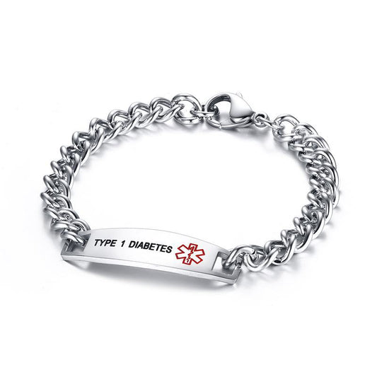 Stainless Steel Silver Type 1 Diabetes Medical Alert Bracelet