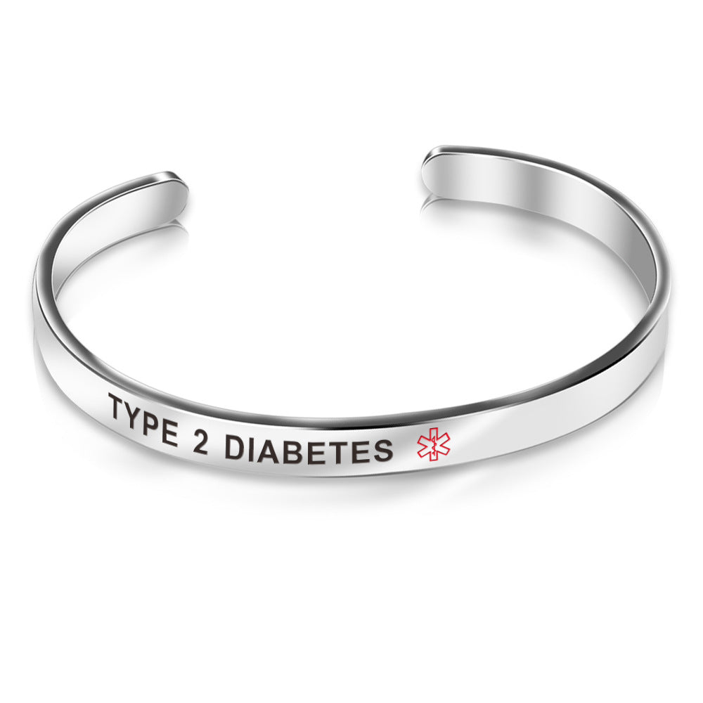 Stainless Steel Silver Type 2 Diabetes Medical Alert Bangle