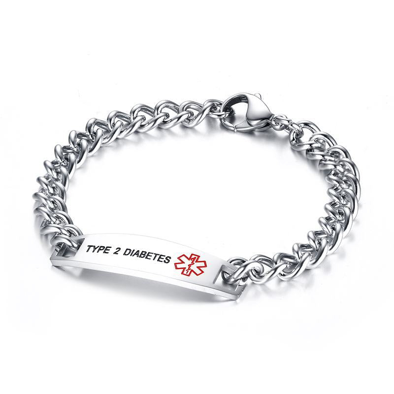 Stainless Steel Silver Type 2 Diabetes Medical Alert Bracelet