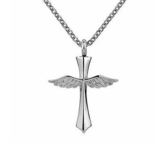 Cross Wings Silver Stainless Steel Keepsake Ashes Cremation Urn Memorial Pendant Necklace
