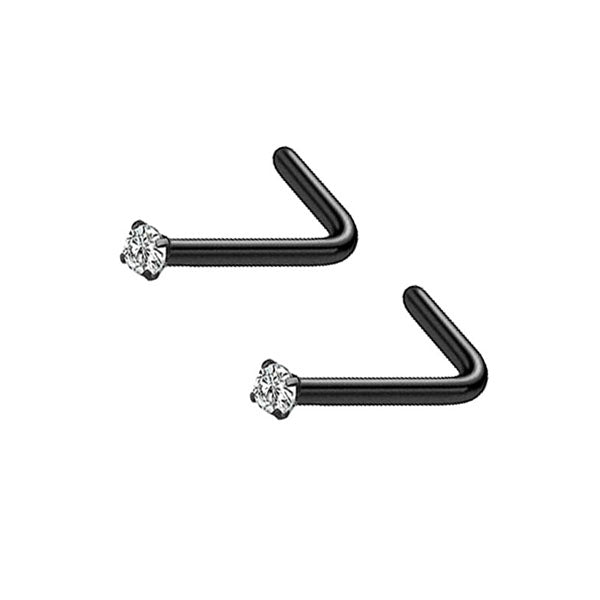 2 Clear Coloured CZ Stainless Steel L Bend Nose Studs 0.8mm/20g