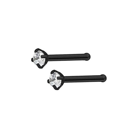 2 Clear CZ Black Stainless Steel Straight Nose Bone Studs