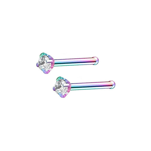 2 Clear CZ Rainbow Stainless Steel Straight Nose Bone Studs