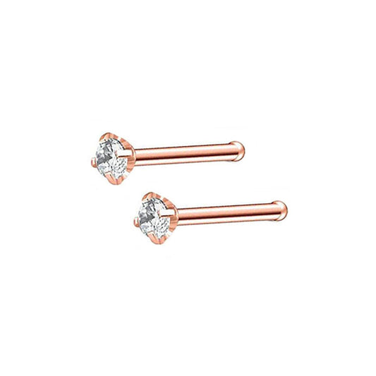 2 Clear CZ Rose Gold Stainless Steel Straight Nose Bone Studs