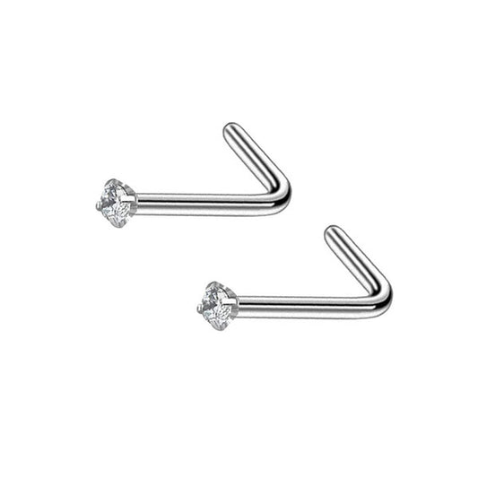2 Clear CZ Silver Stainless Steel L Bend Nose Studs