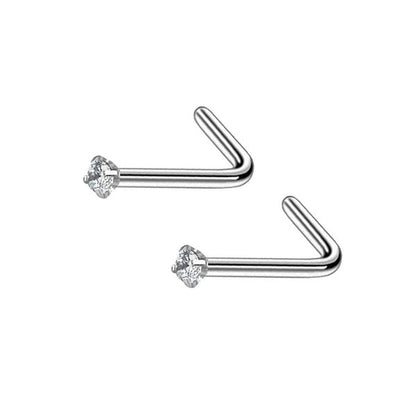 2 Clear Coloured CZ Stainless Steel L Bend Nose Studs 0.8mm/20g