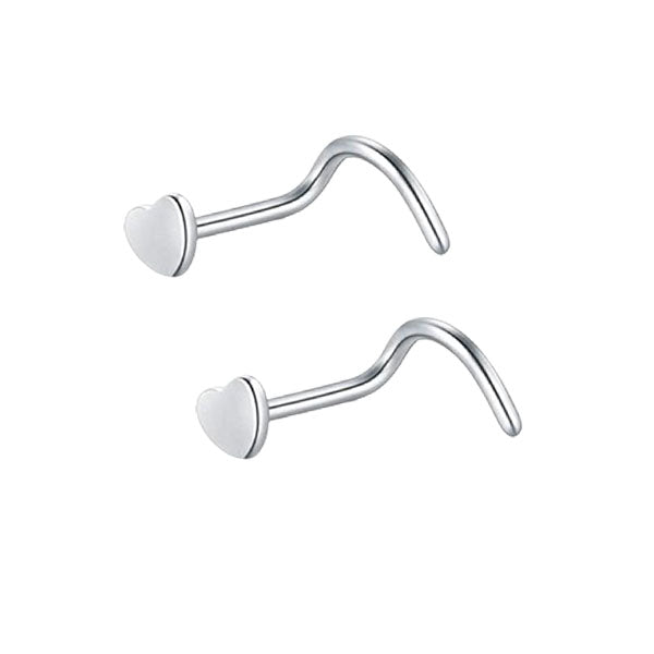 2 Heart Stainless Steel Curved Screw Nose Studs 0.8mm/20g