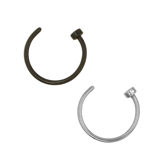 2 Flat Circle Black Silver Stainless Steel Hoop Nose Rings