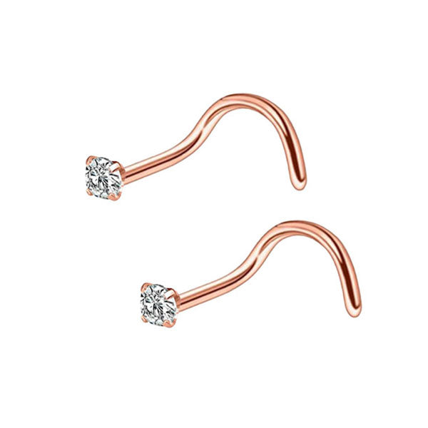 Clear CZ Rose Gold Titanium Steel Curved Screw Nose Studs