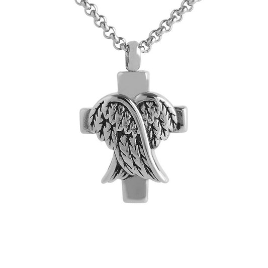Cross Angel Wings Silver Stainless Steel Cremation Ashes Necklace