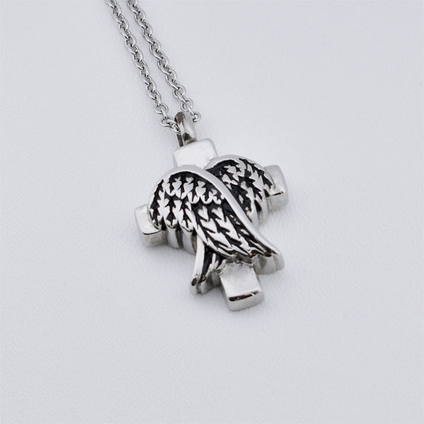 Cross Angel Wings Silver Stainless Steel Cremation Ashes Necklace