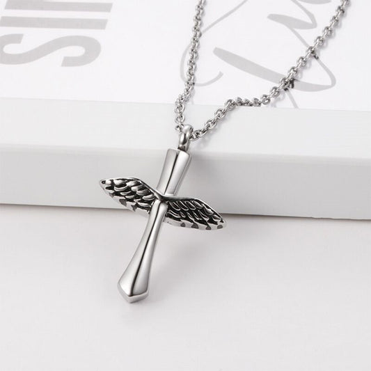 Cross Wings Silver Stainless Steel Cremation Ashes Necklace