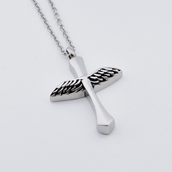 Cross Wings Silver Stainless Steel Cremation Ashes Necklace
