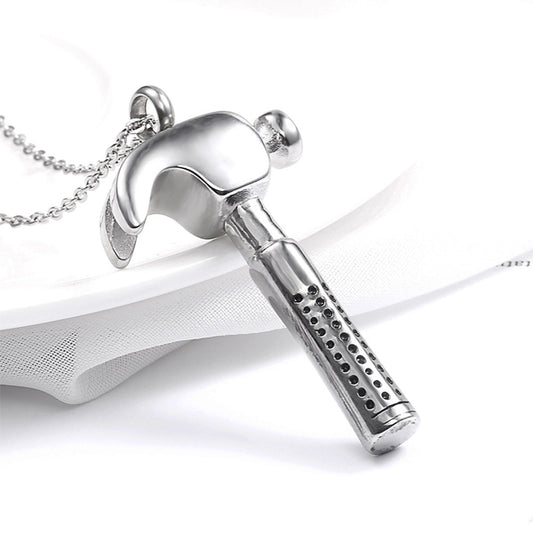 Hammer Silver Stainless Steel Cremation Ashes Necklace
