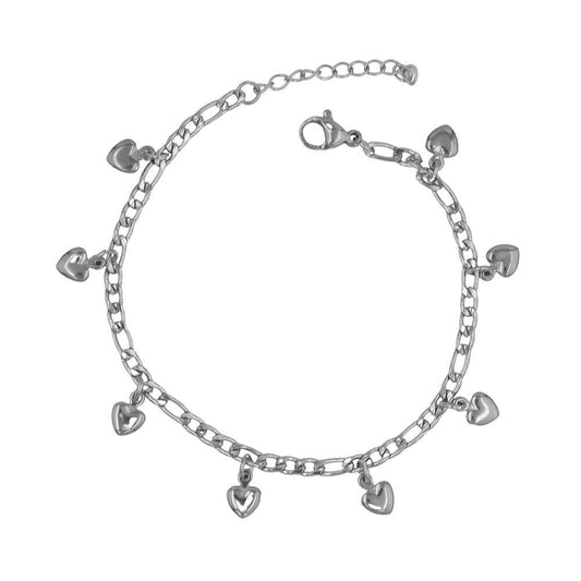 Hearts Figaro Chain Silver Stainless Steel Bracelet