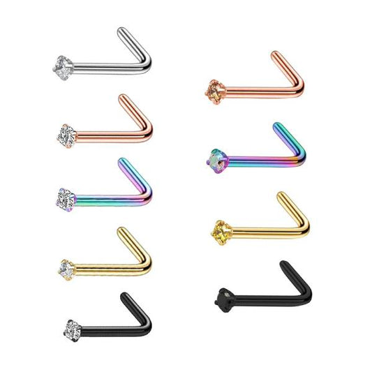 2 Clear Coloured CZ Stainless Steel L Bend Nose Studs 0.8mm/20g