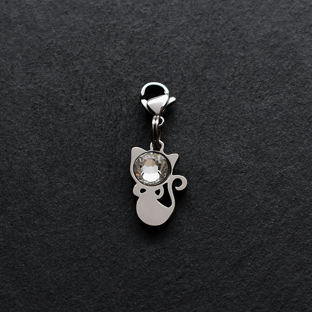 Cat Clear CZ Silver Stainless Steel Clip-on Charm