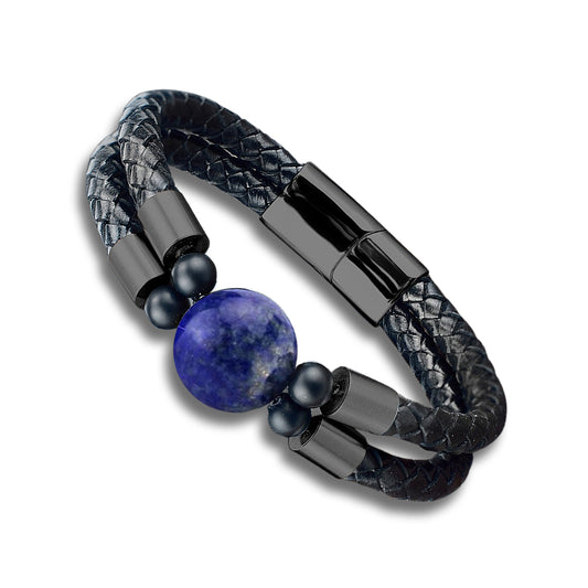 Lapis Lazuli Single Gemstone Black PU Leather Bracelet